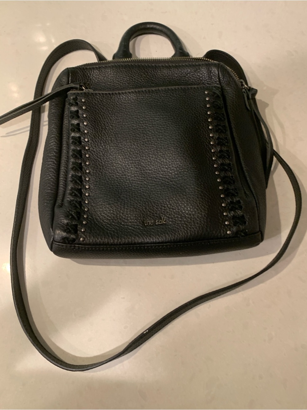 The Sak Black Pebbled Leather Mini Zip Pocket Backpack Convert Bag